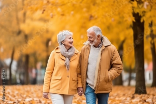 Delighted senior man and woman, enjoy a leisurely walk in a picturesque autumn park, time together.