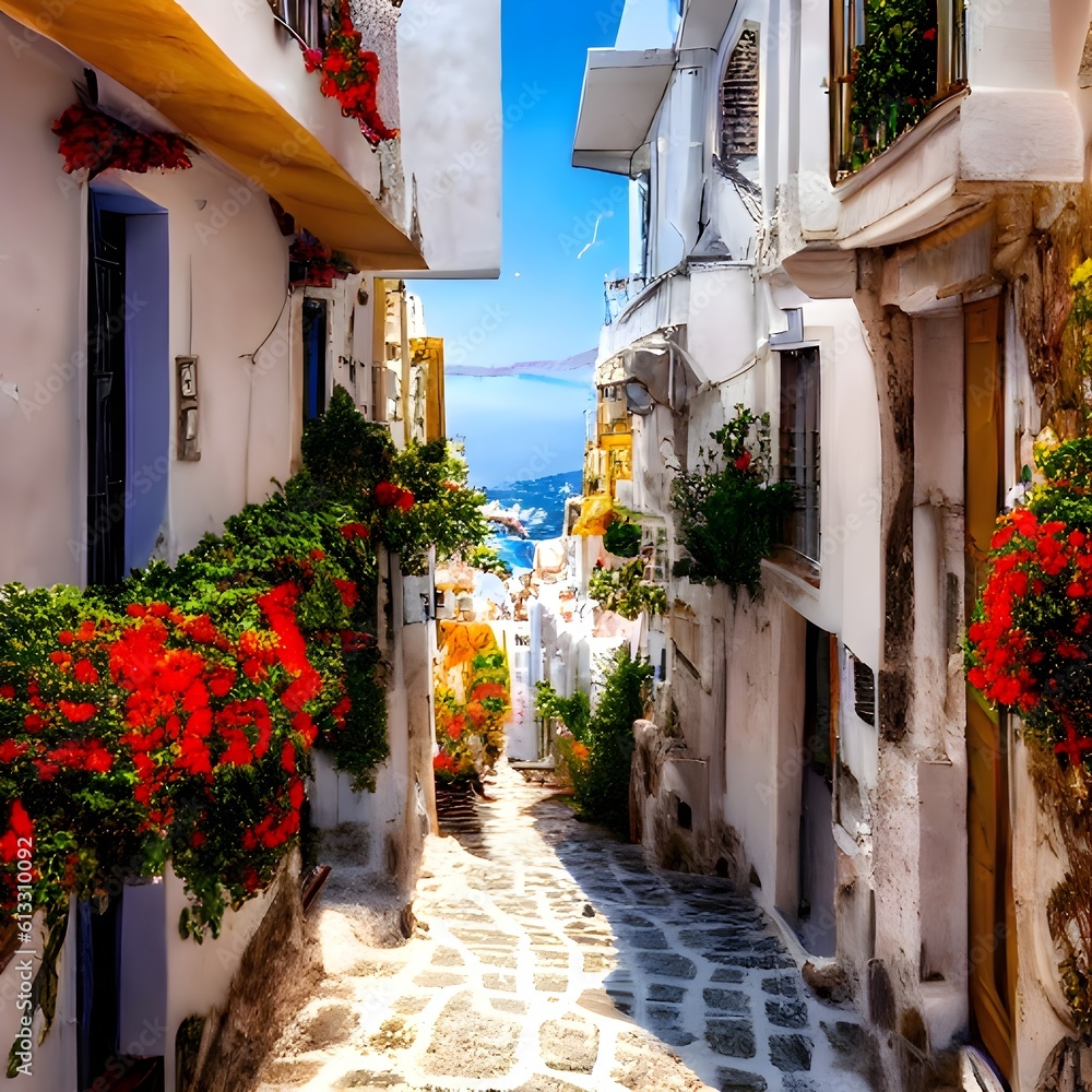 Fototapeta premium Illustration of a landscape inspired by the island of Santorini, Greece, generated by AI