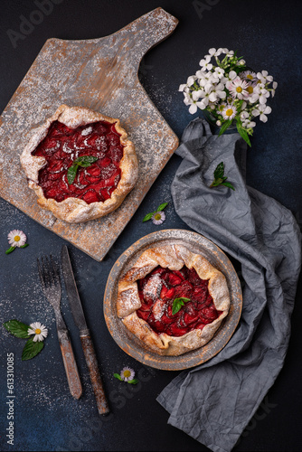 Delicious fresh sweet homemade rustic style strawberry tart