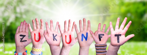 Children Hands Building Word Zukunft Means Future, Grass Meadow