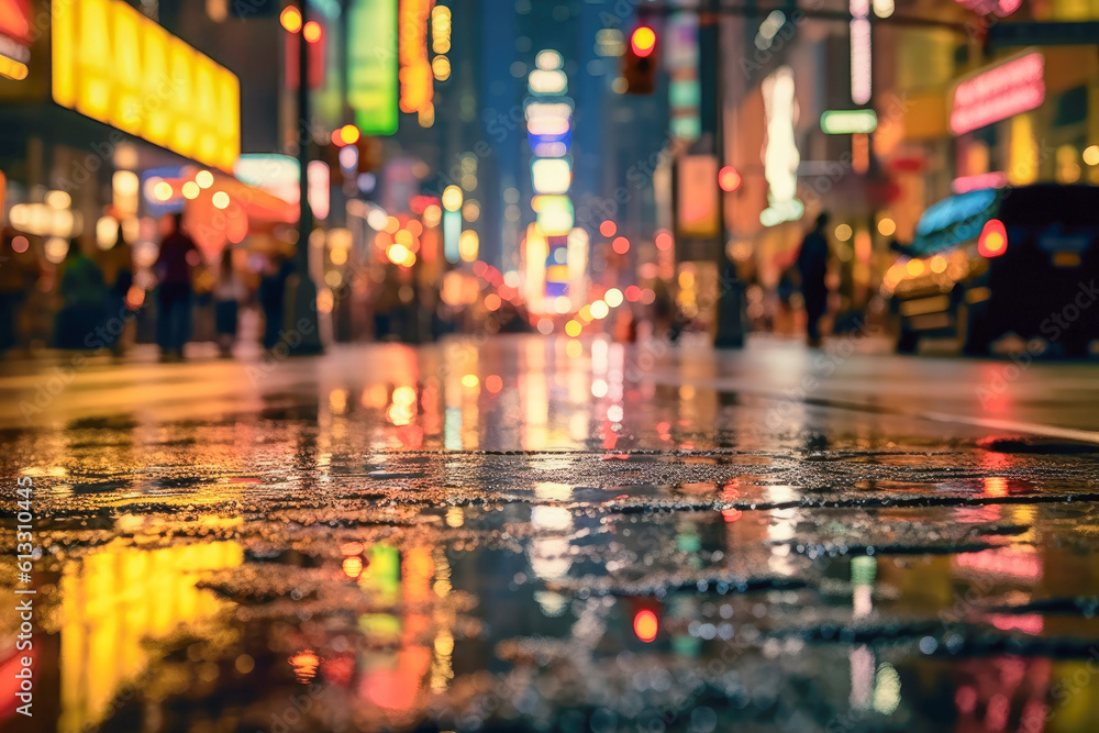 Puddle of rain water after a heavy torrential rain in the concrete city jungle with rain-soaked street reflecting the colorful neon lights