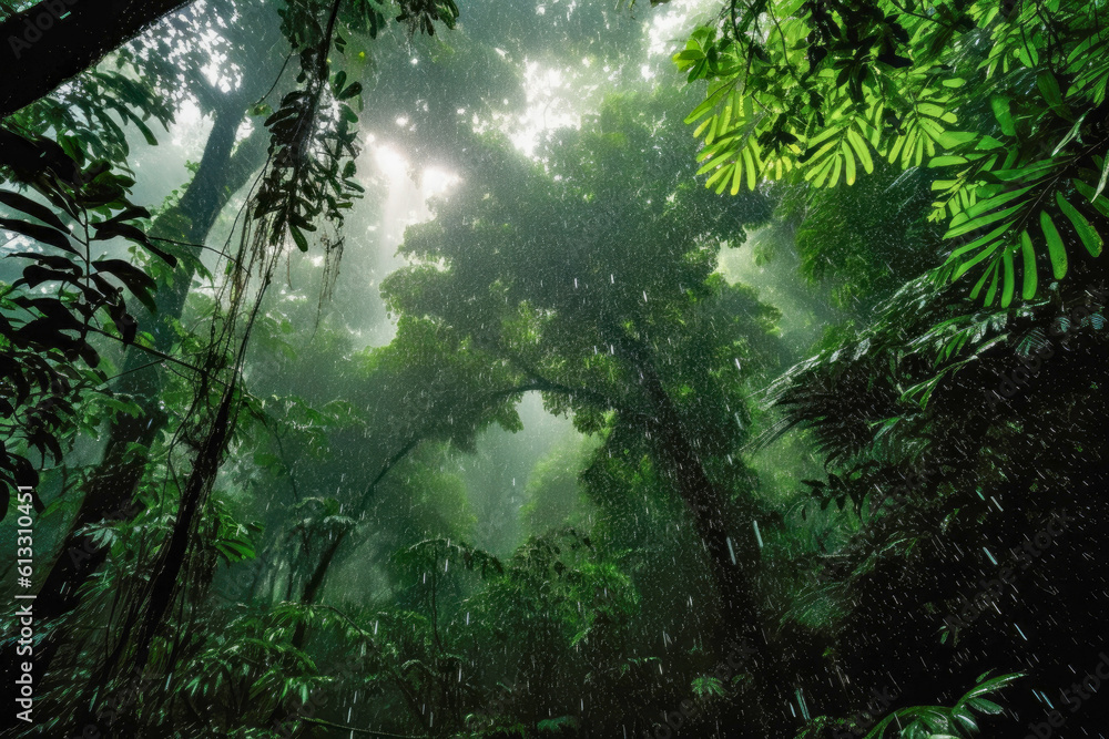 Heavy rain falls through the canopy in a misty rainforest, creating a breathtaking spectacle of nature's power and tranquility
