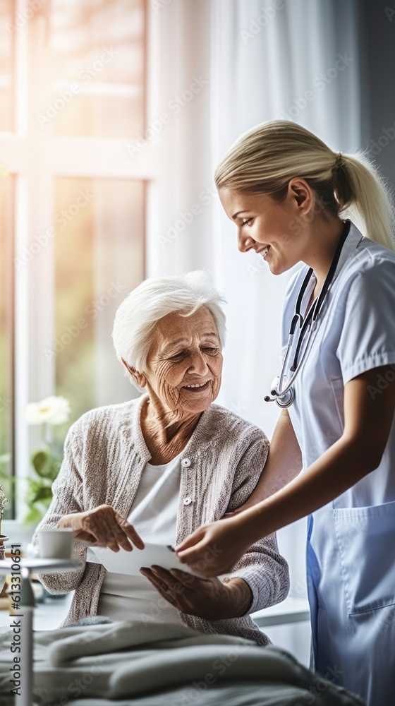 Φωτογραφία health visitor hugs and supports a senior, young woman with a stethoscope smiles at home