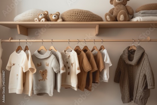 babys clothing rack with teddy bears and sweaters. Generative AI photo