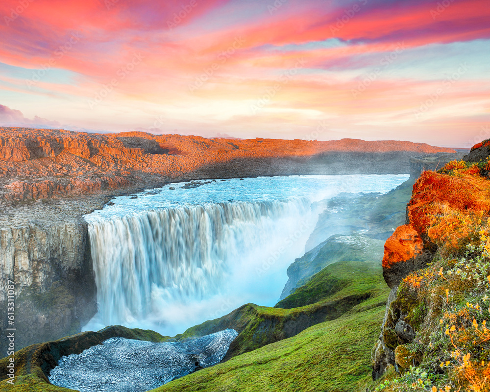 Breathtaking sunset view of the most powerful waterfall in Europe called Dettifoss