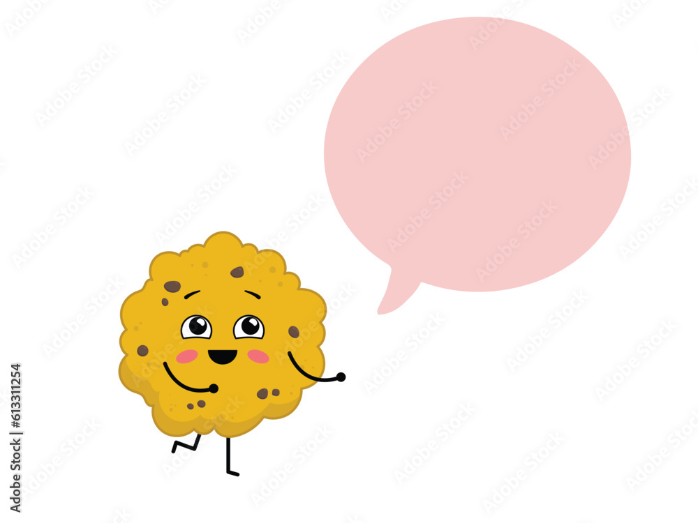 Cute kawaii cookie with a big speech bubble. Cartoon character cookie with chocolate with a place for text. Vector illustration isolated on white background Cute kawaii cookie with a big speech bubble. Cartoon character cookie with chocolate with a place for text. Vector illustration isolated on white background