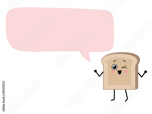 Cute kawaii a piece of bread with a big speech bubble. Cartoon character toast with a place for text. Vector illustration isolated on white background