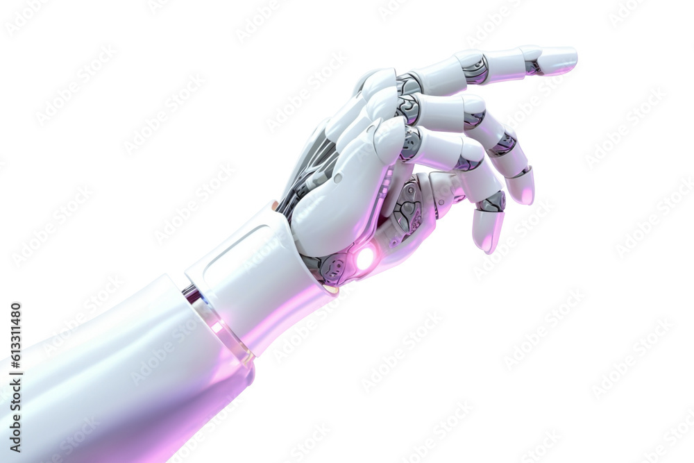  White cyborg robotic hand pointing his finger - 3D rendering isolated on free PNG background. - obrazy, fototapety, plakaty 