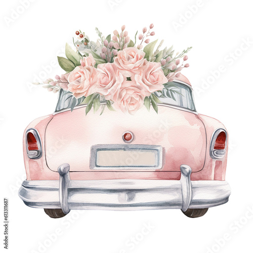 Print op canvas Wedding Car Ente Citroën 2CV - Detailed Watercolor Illustration - Flower Decorat