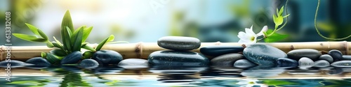 Wallpaper Mural illustration, bamboo and stones in a wellness spa, website header, ai generative