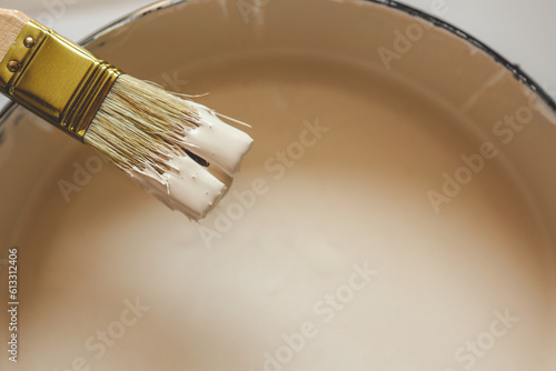 Paint brush resting on paint tin viewed from above