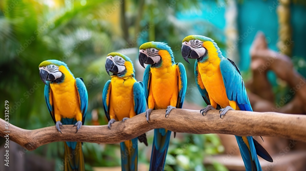 illustration, group of parrots on the branch in the forest, ai generative