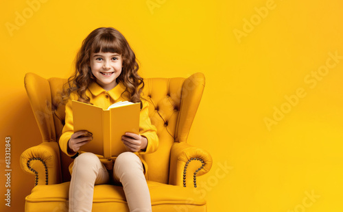 Happy girl reading book over yellow background. Education, literacy concept. Copy space