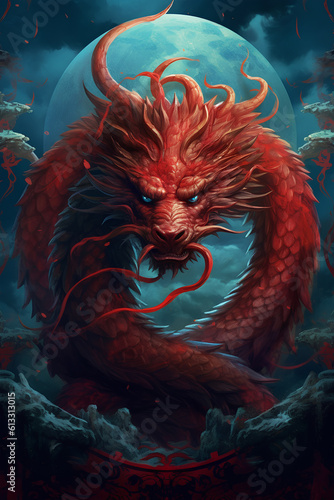 red chinese dragon, symbol of the year 2024, dragon symbol of the year, year of the dragon, red dragon on a blue background, ai generative  © Виктория Кацевич