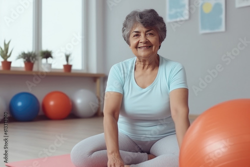 Portrait of happy fit senior woman doing sport in her apartment. AI generative illustration