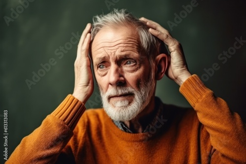Bearded senior man putting hands on head feeling discomfort on dark grey background photo