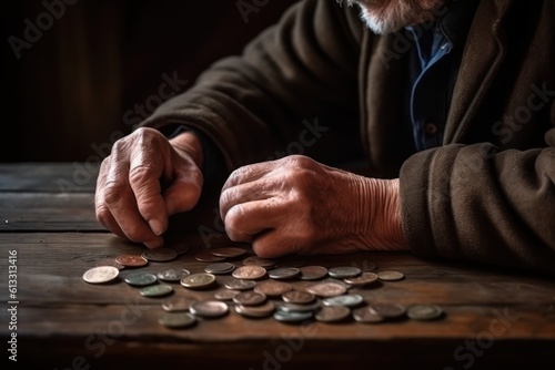 senior man counting coins on a wooden table poverty, low pension and the resilience to save money.