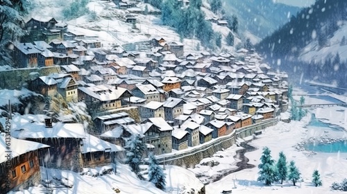 A blizzard in a mountain village . Fantasy concept , Illustration painting. Generative Ai © X-Poser