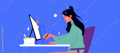 A woman working hard at her computer. Sitting at her desk. Backlog at work, hard work. Side view. Contemporary vibrant vector illustration. Trendy Flat and Line