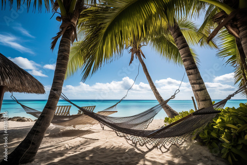 Two hammocks swaying on a tropical beach with teal waters and clear skies. Generative AI