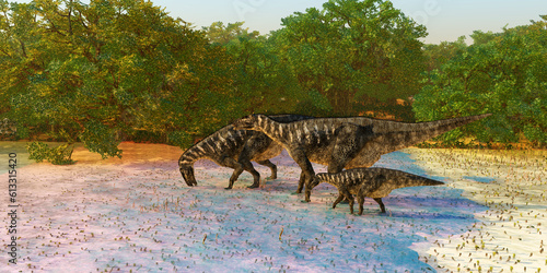 Iguanodon Hadrosaurs at Banyan Swamp - Iguanodon was a herbivorous ornithopod dinosaur that lived in Europe during the Cretaceous Period. photo