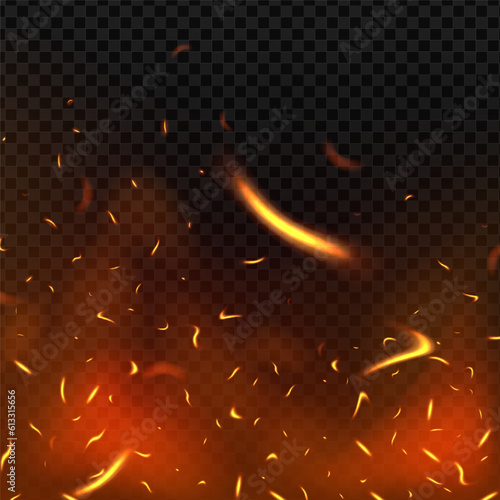 Fire flying sparks background. Vector realistic heat effect of flame in bonfire, isolated on transparent background.