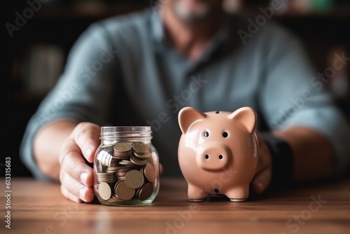 pensioner man at table with piggy bank, happily saving funds for retirement and insurance need