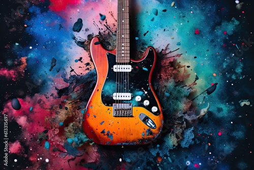 An abstract, vibrant-colored guitar with splashes of colorful paint, creating a striking visual contrast against a sleek black backdrop