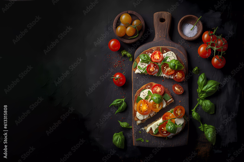 Sandwich with tomatoes and mozzarella. View from above. Banner. Generated AI