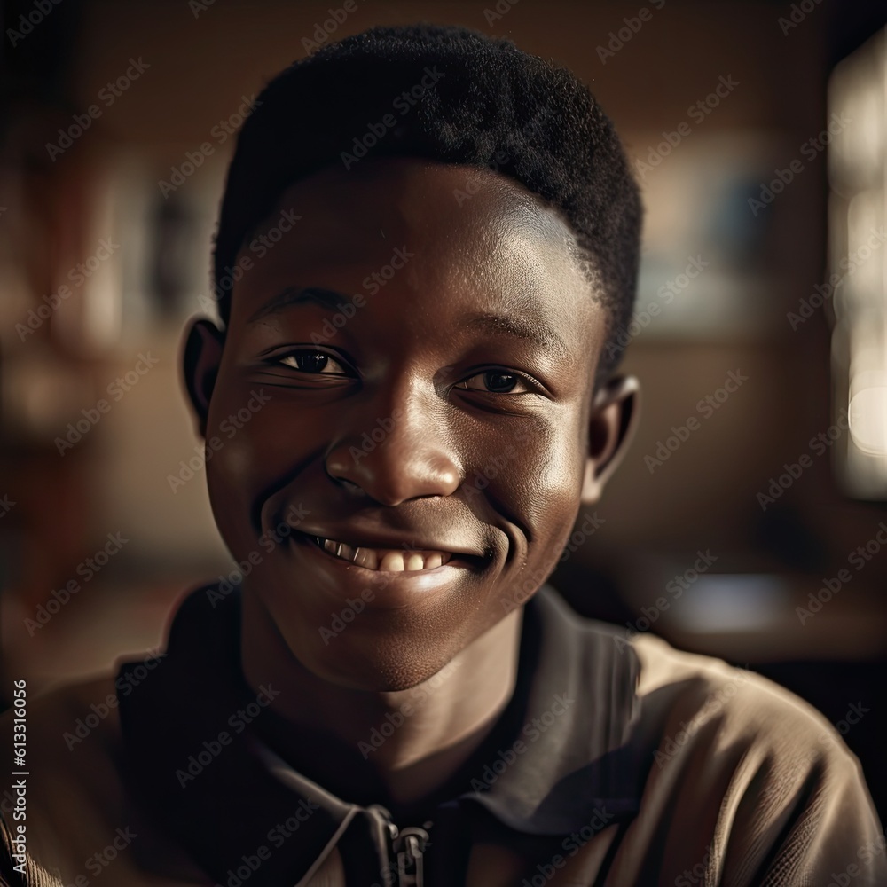A young boy smiling and wearing a brown shirt. Generative AI. A young boy smiling and wearing a brown shirt. Generative AI.