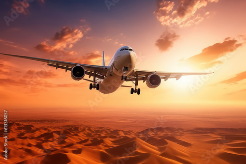 The plane flies over the desert  travel to warm countries  vacation  fly at sunset. Flights. generative ai