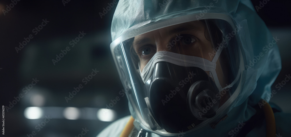 A woman in a protective suit against bacteria and a mask in a hospital. Covid viruses, infection, medicine. generative ai A woman in a protective suit against bacteria and a mask in a hospital. Covid viruses, infection, medicine. generative ai