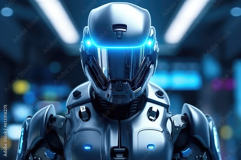 Android artificial intelligence in the city, the future and robots. Robot man, police guard. generative ai Android artificial intelligence in the city, the future and robots. Robot man, police guard. generative ai