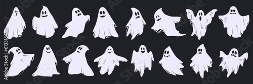Set of cloth Ghosts. Flying Phantoms. Halloween scary ghostly monsters. Mysterious night shadows characters. Isolated vector illustration EPS10