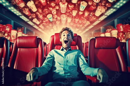 A man in a 4D cinema, the feeling of the cinema and the film, the viewer screams emotionally. generative ai