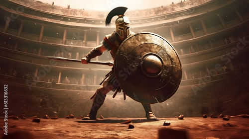 Gladiator is fighting with sword and shield.