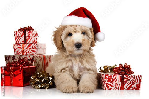 Portrait illustration of a cute dog in a festive christmas setting on white background, text space photo