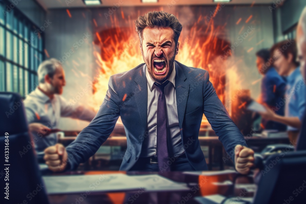 Fury Unleashed: enraged boss behind the desk, in modern bright office, Generative AI Fury Unleashed: enraged boss behind the desk, in modern bright office, Generative AI