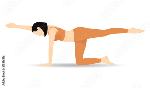 Young woman practices yoga. Bundle of female cartoon character demonstrating various yoga position