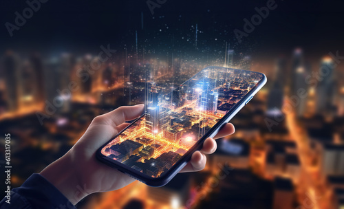 Smart city connected with planet through global mobile internet on phone. AI control city infrastructure, data traffic, ensure safety. World communication concept