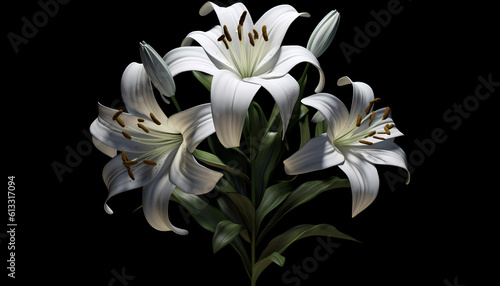 Set of Lilies, isolated on transparent background. 3D render. Hight contrast. Black solid bacground. : Unreal Engine, Cinematic, Photoshoot, DOF. intricate hyper maximalist, elegant. : Generative AI.