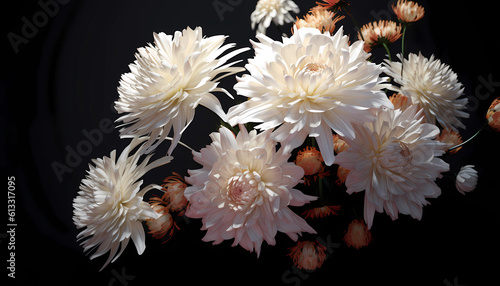 Set of Chrysanthemums, isolated on transparent background. 3D render. Hight contrast. Black solid bacground. : Unreal Engine, Cinematic, Photoshoot, intricate hyper maximalist, elegant. :Generative AI