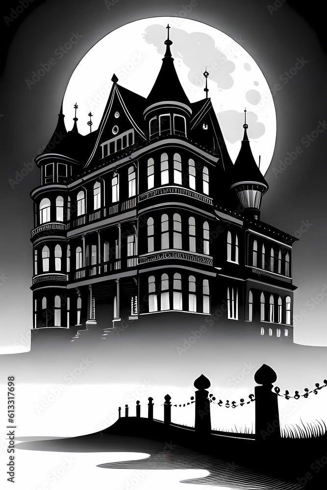 Creepy haunted mansion at night