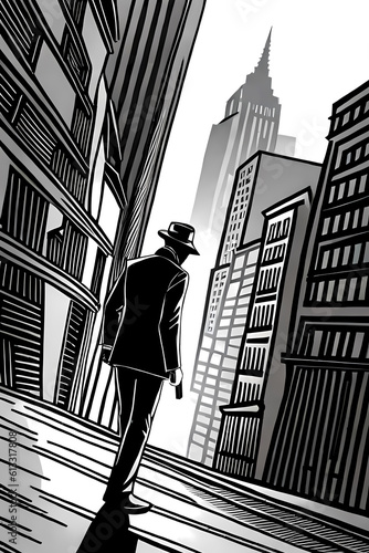 Silhouette of man with gun in empty city street