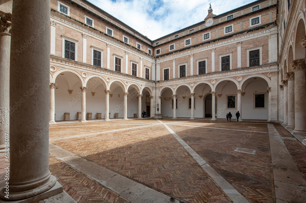 Urbino, Italy - 2023, May 5: The arcaded courtyard of Palazzo Ducale