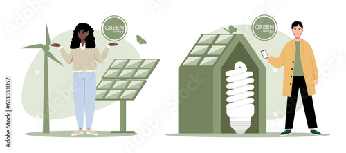 Green energy illustration set. Characters reduce energy consumption at home. Power save concept. Household energy and resources, meter installation