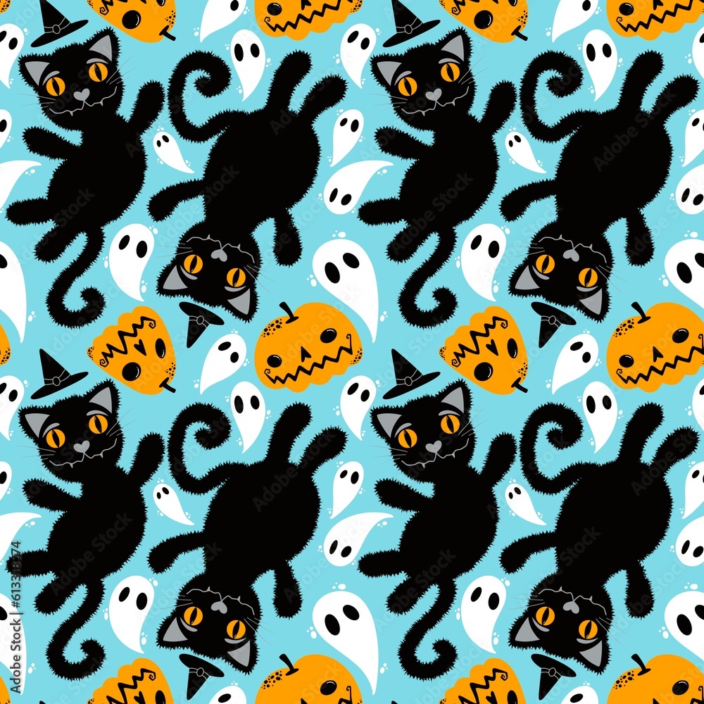 Halloween cartoon black cats seamless animals fluffy monsters pattern for wrapping paper and fabrics and linens