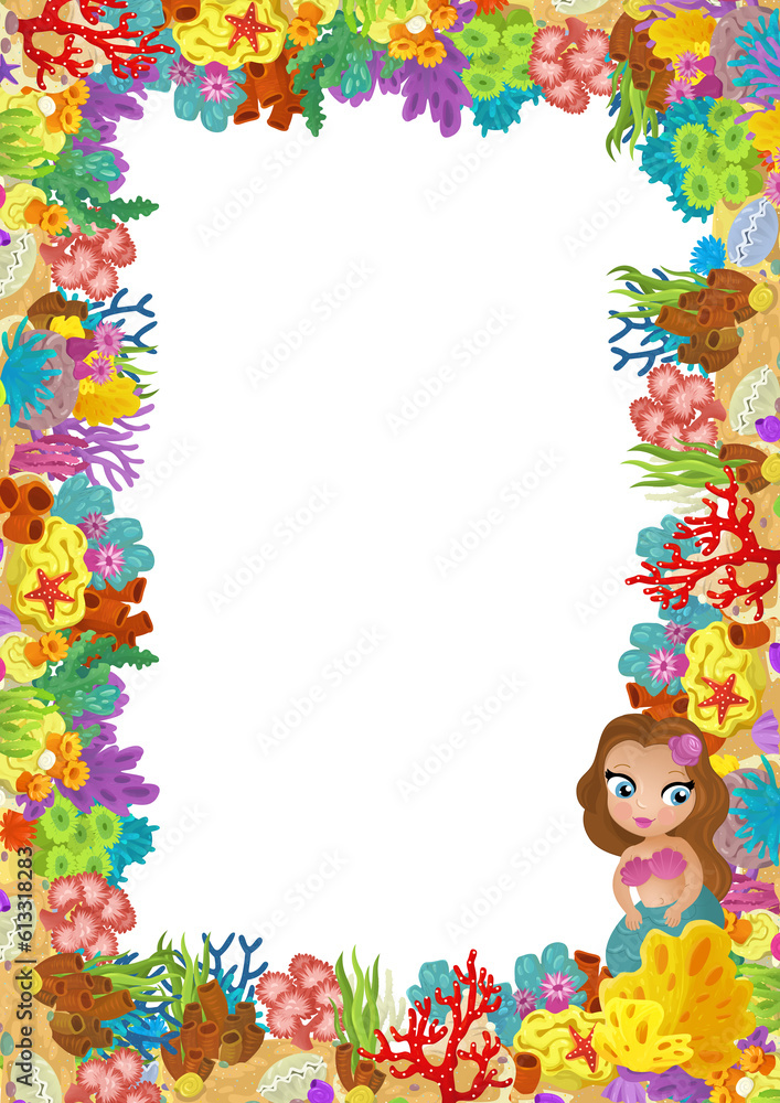 cartoon scene with coral reef and happy fishes swimming near mermaid princess isolated illustration for children cartoon scene with coral reef and happy fishes swimming near mermaid princess isolated illustration for children