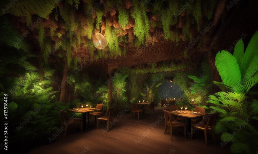 Restaurant In The Enchanted Forest. generative AI
