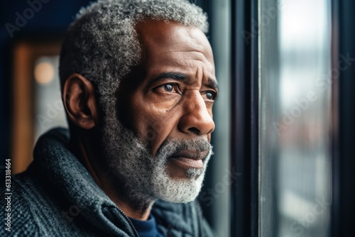 African American senior man stares through window, struggling with depression and loneliness.